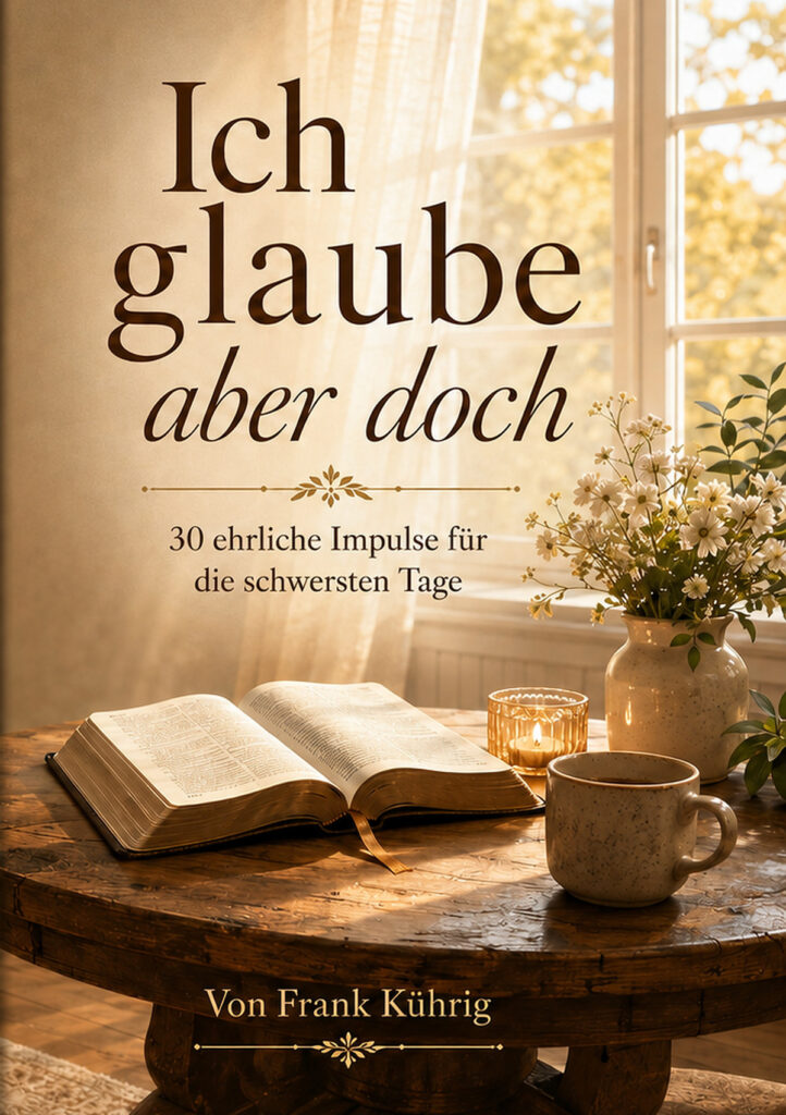 Buchcover „Ich glaube aber doch“ von Frank Kührig: aufgeschlagene Bibel, Kerze und Blumen am Fenster